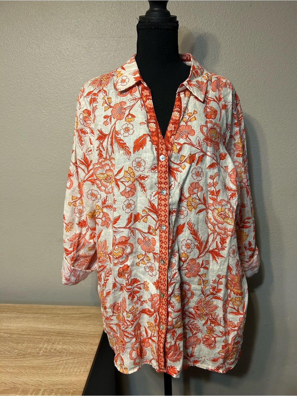 Rachel Zoe Womens XL 100% Linen Floral Button Down Shirt Orange Coral Roll Tab